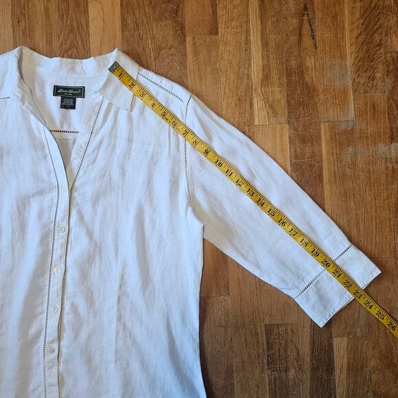 Eddie Bauer Top Womens L White Linen 3/4 Sleeve Button Down Eyelet Coastal Chic - Picture 8 of 8